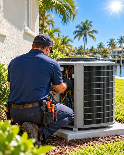 A Mr. Cool technician servicing an outdoor AC unit