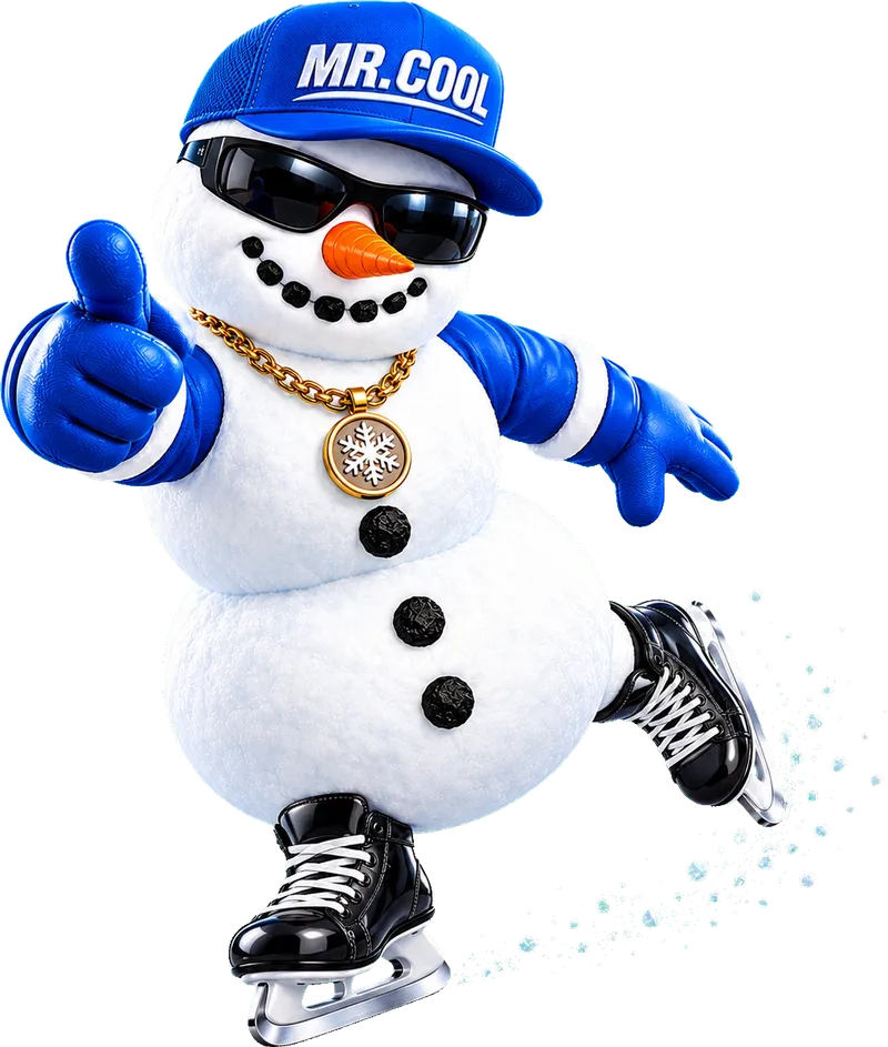 The Mr. Cool snowman skating across a frozen canal
