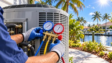 Mr. Cool technician servicing an outdoor AC unit